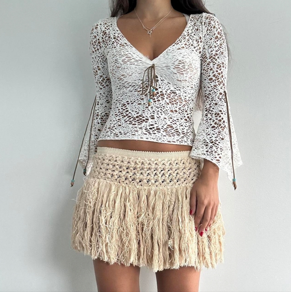 Surf gypsy boho festival organic knotty cotton fringe skirt
